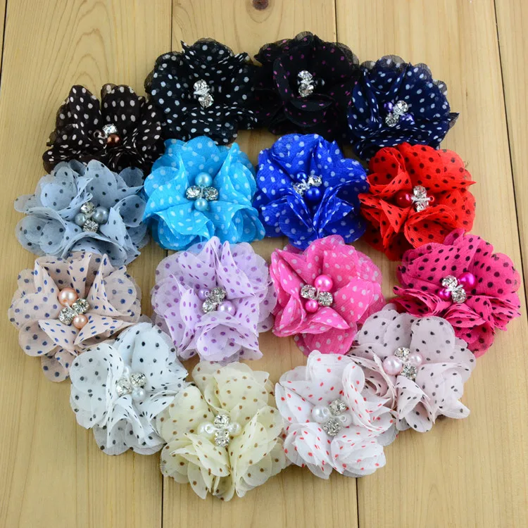 

120pcs/lot 2" 16colors Newborn Dot Chiffon Flower+Rhinestones Pearls For Kids Girl Hair Accessories Fabric Flowers For Headbands