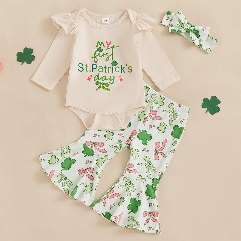 

Listenwind Baby Girl St. Patrick's Day Outfits Letter Print Long Sleeve Romper with Shamrock Print Flare Pants and Headband Set