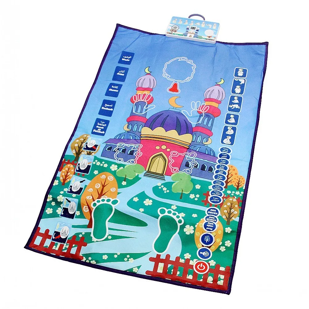 Children's Smart Prayer Rug with Sky-Blue Dreamy Mosque Pattern, Early Education Voice-Guided Cartoon Prayer Mat