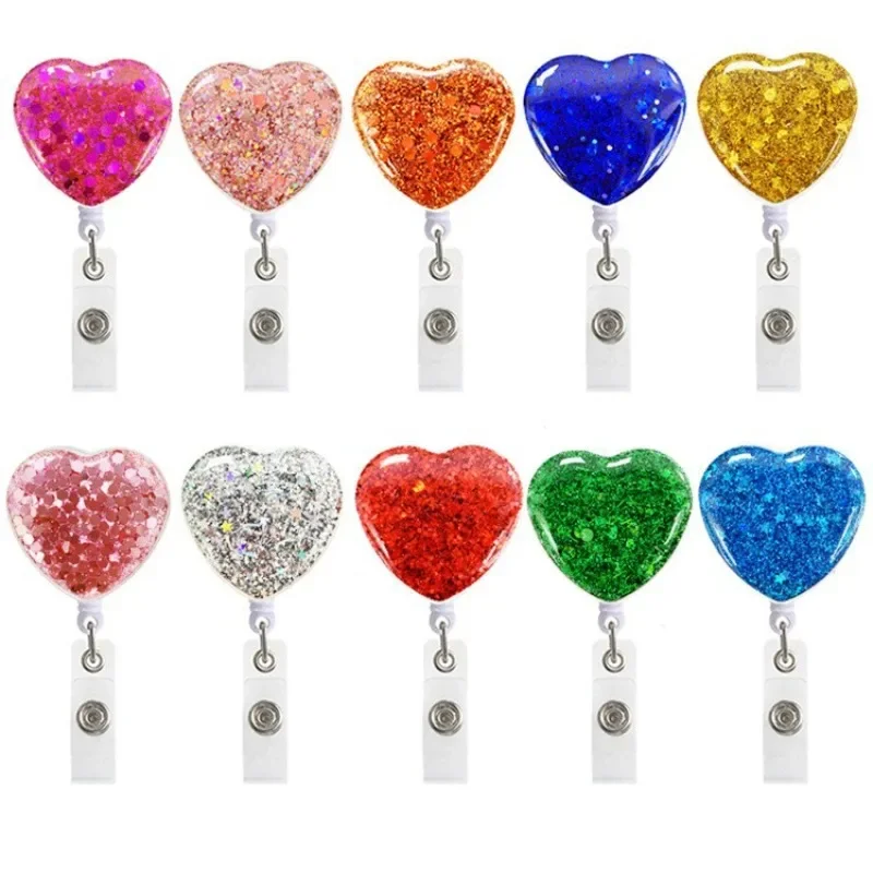 1Pc Shiny Glitter Heart Shape Badge Holder Easy Pull Retractable Badge Reel Nurse Id Card Name Tag Badge Clip Keychain Lanyard