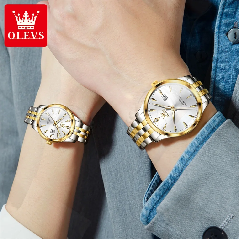 OLEVS Couple Watches Simple Casual Stainless Steel Original Brand Quartz Wristwatch for Lover Exquisite Gift Box 2Pcs Watch 5598