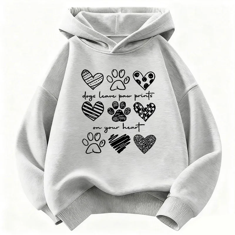 Kids Cute Dog Paw Love Heart Graphic Hoodie Kawaii Casual Sweatshirt Hoody for Boys Girls Children's Clothing