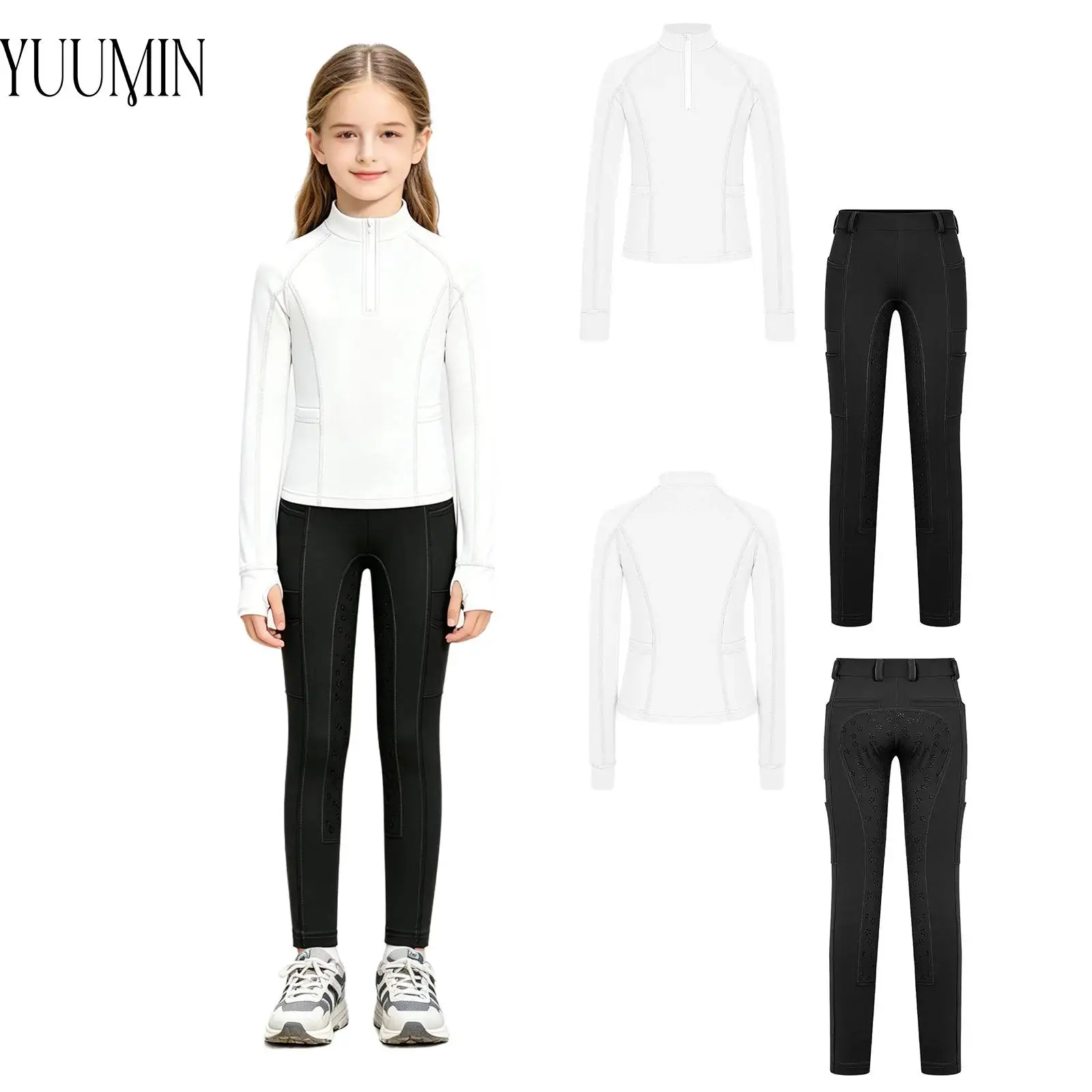 

Girls Horse Riding Top with Thumb Holes Stand Collar Zip Up and Full Seat Breeches Breathable Stretchy for Equestrian Training