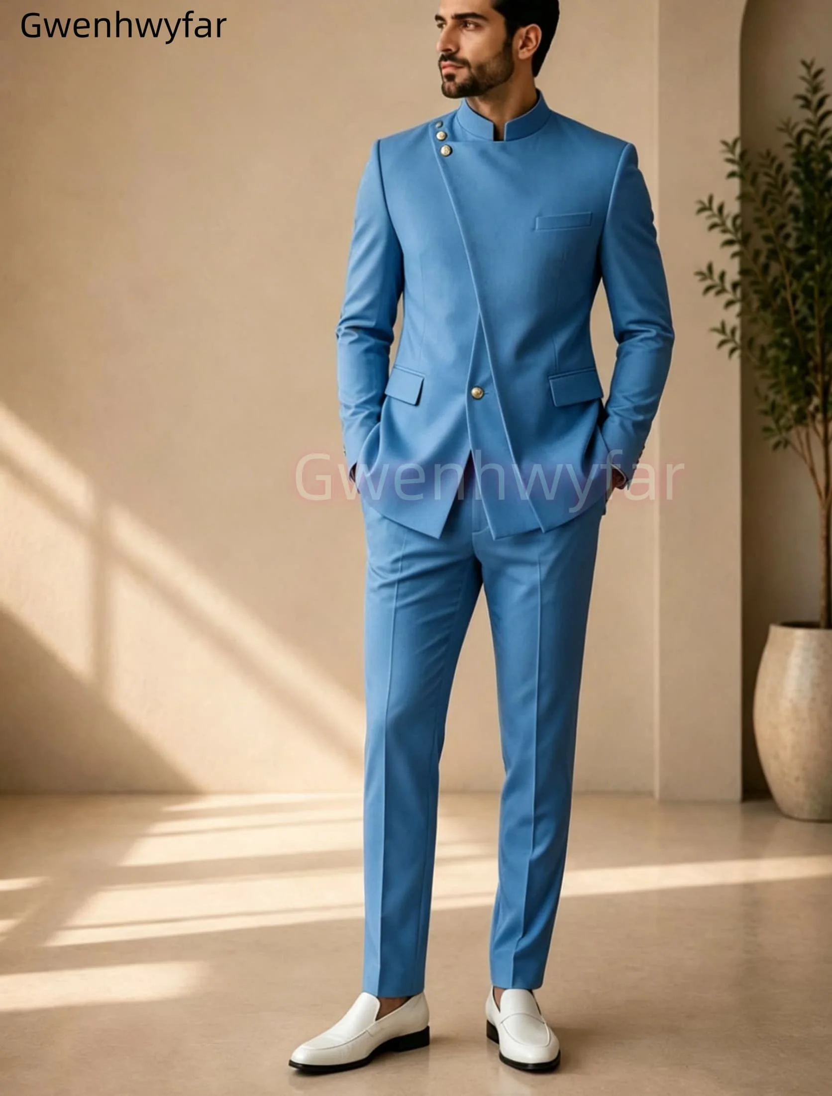 Gwenhwyar Neuankömmling Hellgraue Freizeitjacke mit Hose, formeller Business-Büroanzug für Herren, Bräutigam, Hochzeit, Party, Blazer, Hose – Detail 24