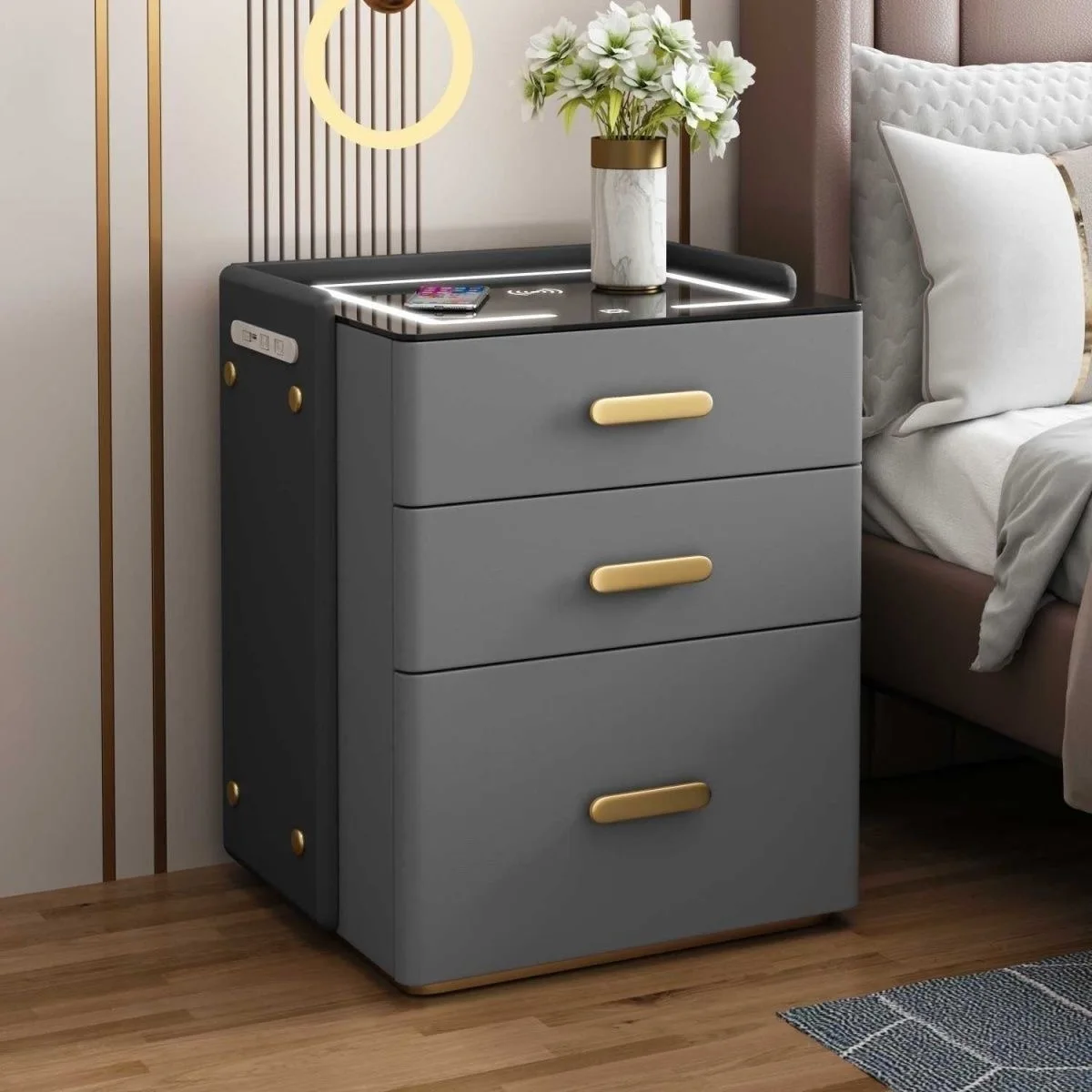 

New Multifunctional Wooden Bedside Table with Safe and Smart Wireless Charging Bedside Cabinet