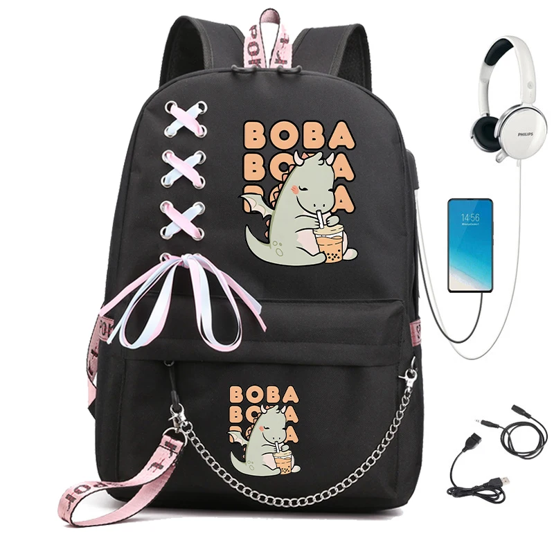 DINOSAUR BUBBLE MILK TEA Print School Bags for Student Teens Girls Backpack Cartoon Teenager Backpack Back To School Schoolbag