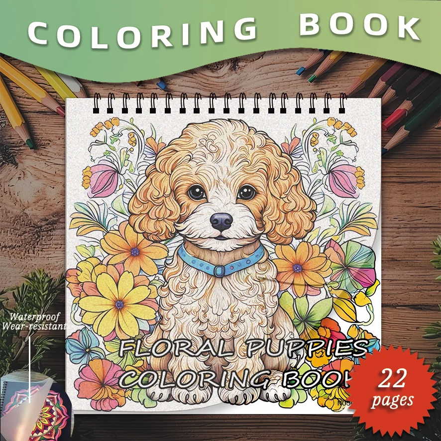Adult Flower Puppy Coloring Book - 8.27 x 8.27 inches, 22 pages, is the perfect gift for dog lovers.