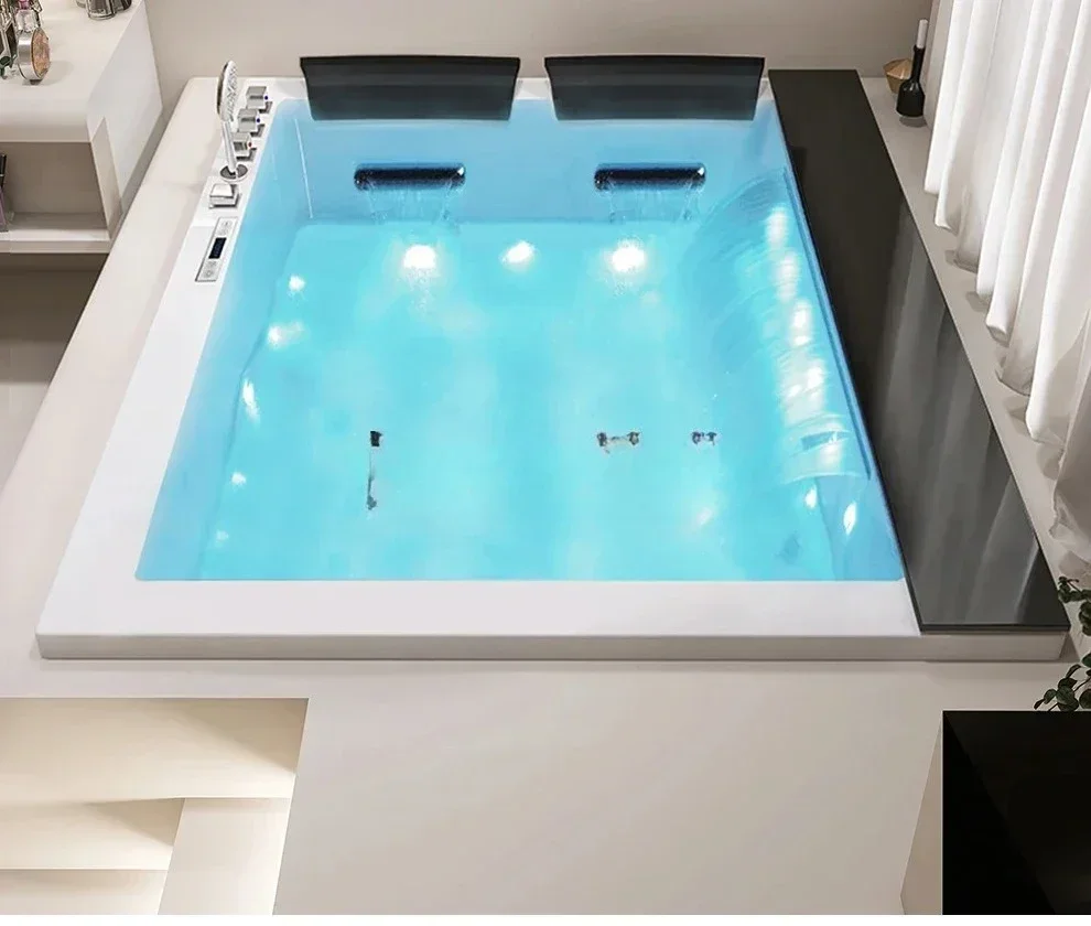 A Double couple jacuzzi embedded acrylic waterfall thermostatic bathtub basin