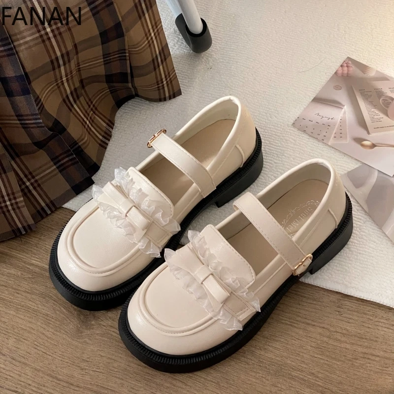 2025 New Leather Shoes Female Cute Sweet Jk Uniform Platform White Lolita Flats Round Head Bow Student Single Shoes
