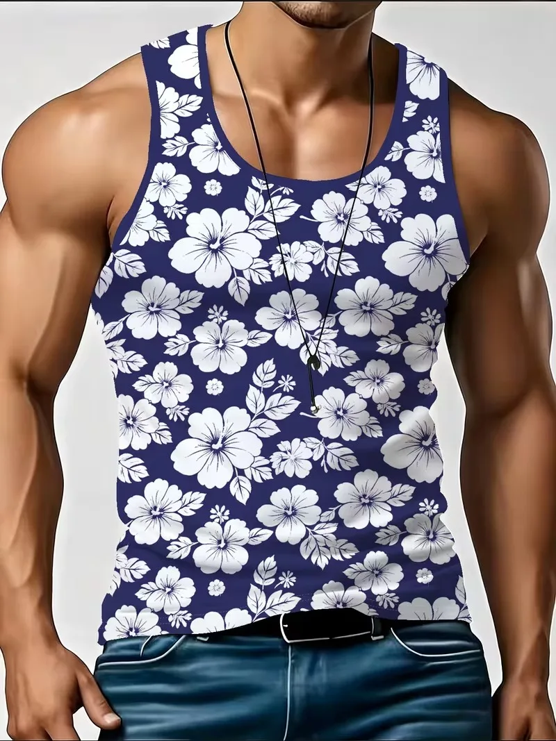 Men's Retro Floral 3D Printed Tank Top Summer Casual Streetwear Crew Neck Sleeveless Vest Trend Oversized Breathable Tees Tops
