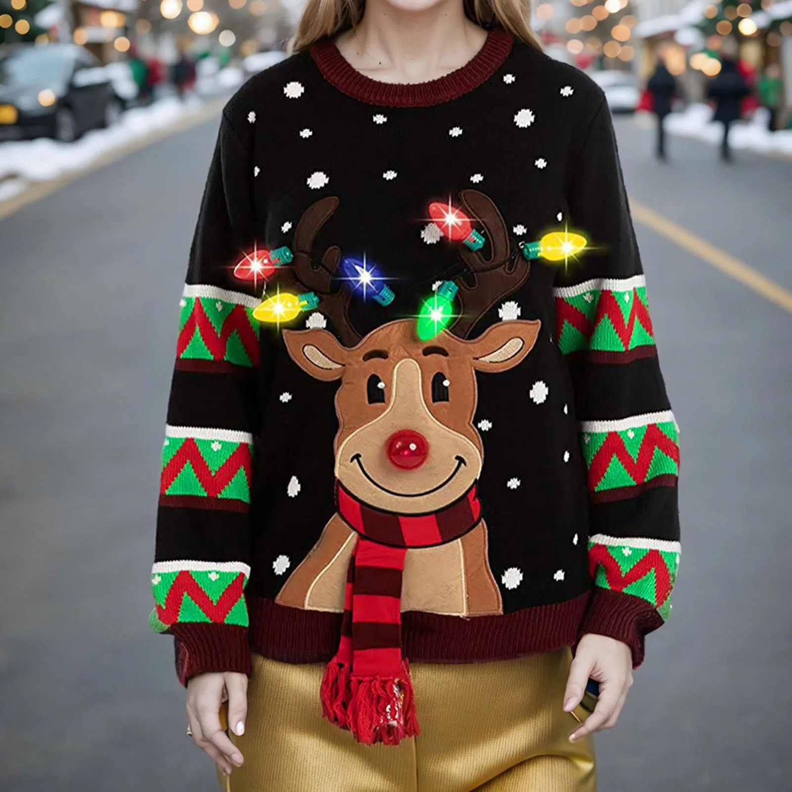 Natal bonito cervos crochê camisola de malha topo manga longa solta em torno do pescoço camisola feminina topo com lâmpada férias moda suéteres