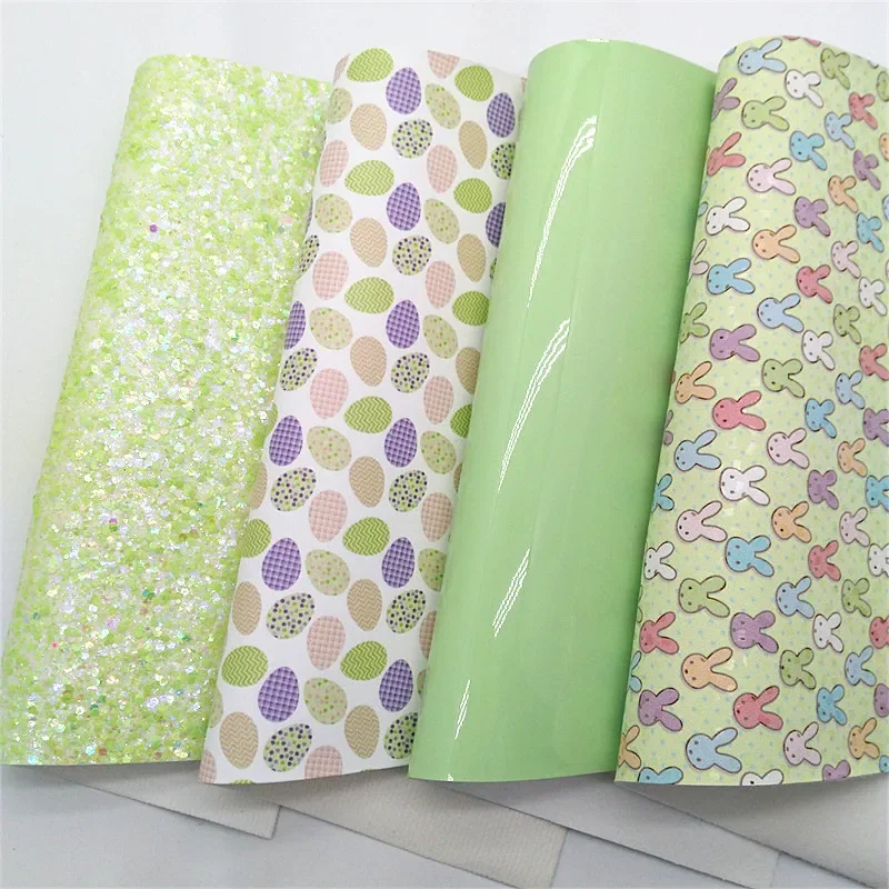 Light Green Glitter Leather Sheets Bunnies Easter Eggs Printed Synthetic Leather Patent Faux Leather For Bow DIY 21x29CM Q1695