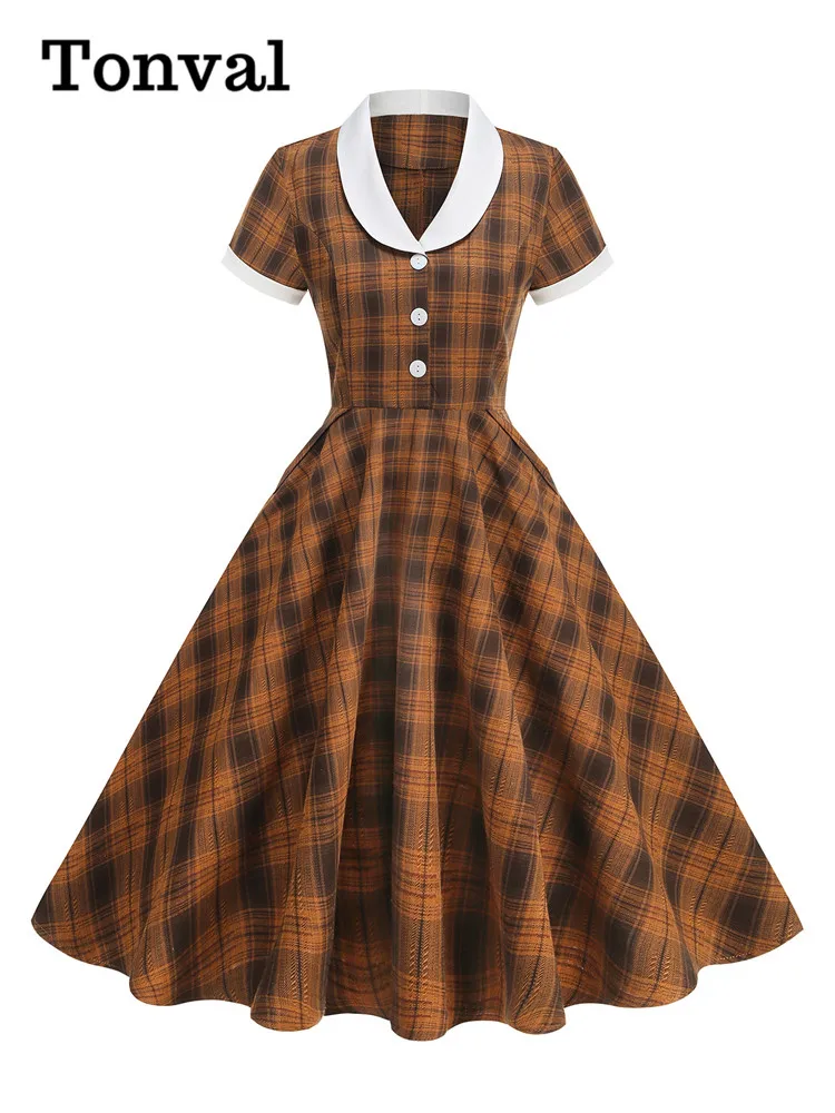 Tonval Schalkragen, Knöpfe vorne, kariert, Rockabilly, lange Kleider, 2025, Herbst-Winter, Taschen, seitlich, elegantes Damen-Swing-Kleid