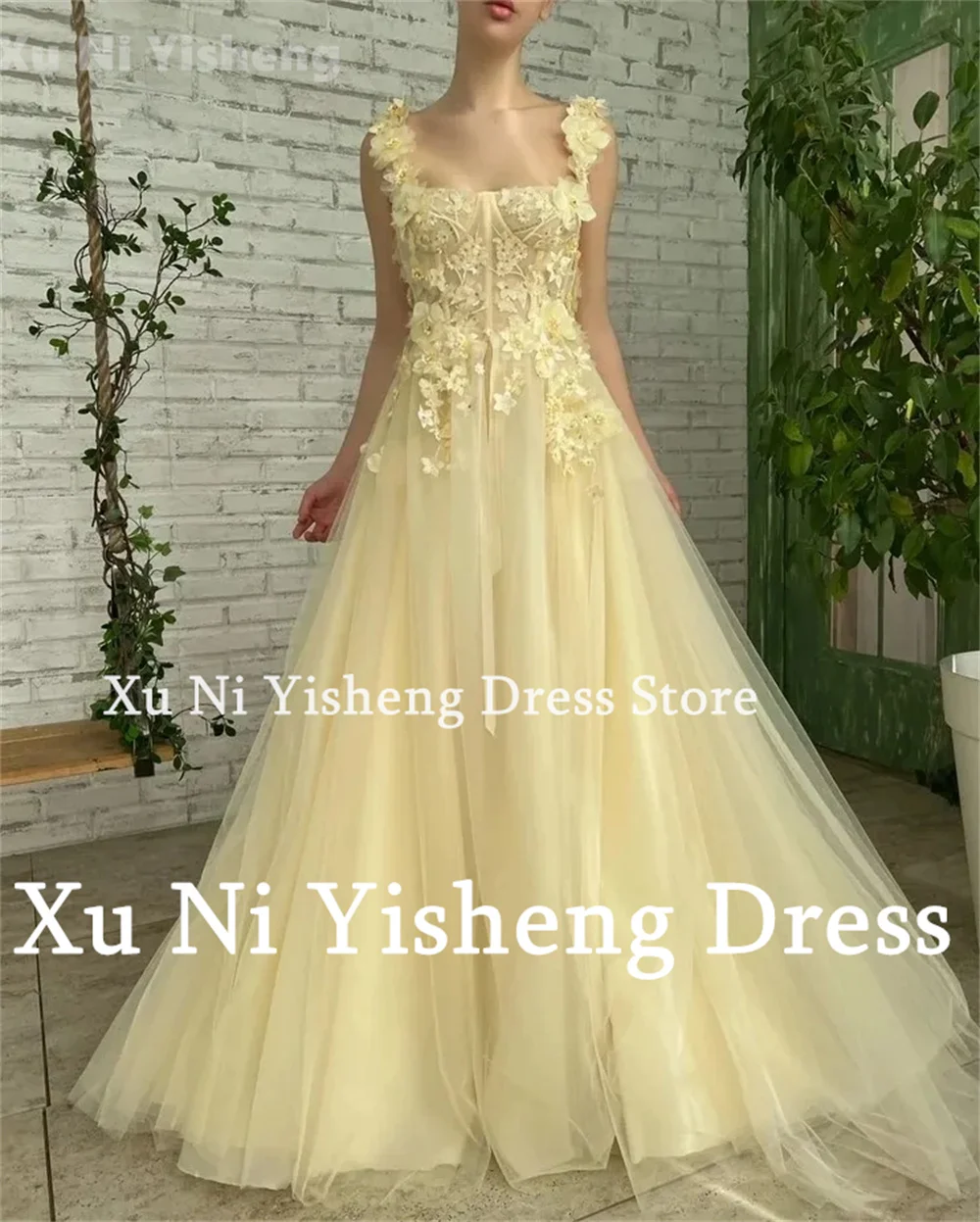 2024 New Prom Dress Slip Straps Light Yellow Wedding Dress A-Line Tulle Flowers Appliques Bridal Gown Formal Evening Party Dress