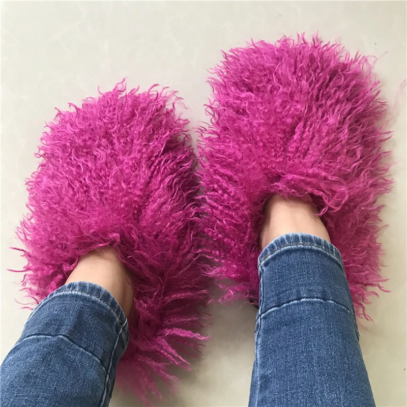 Mongolian fur slides Women Luxury Fluffy Fur Slippers Amazing Fur Sandals New Arrival Winter Home Flat Slides Flip Flops