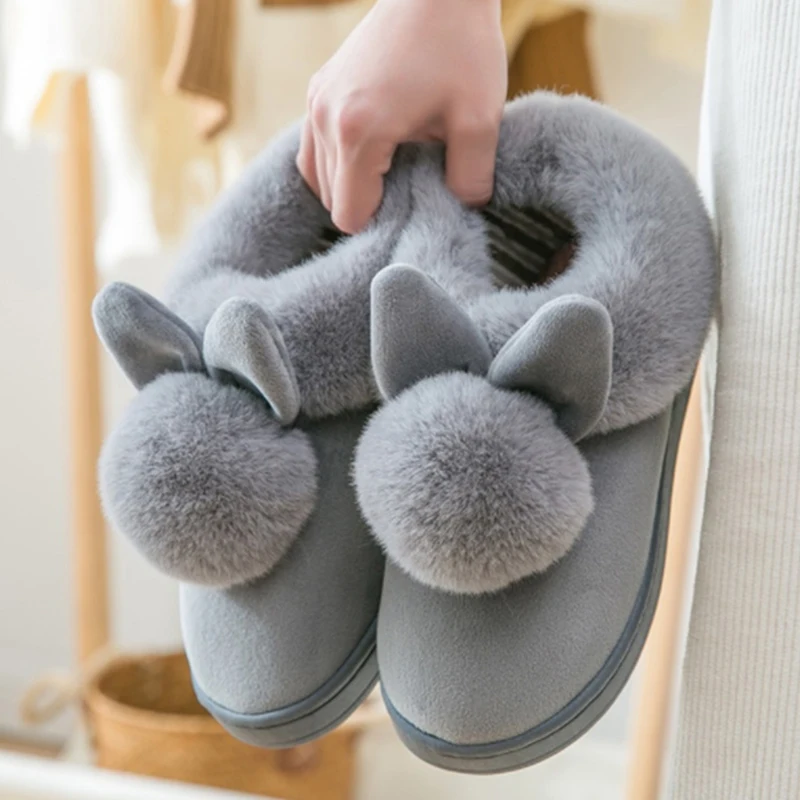 Winter Wrap Heels Women's Kawaii Rabbit Decor Plush Slipeprs Cosy Non-slip Mule Warm Home Cotton-padded Shoes