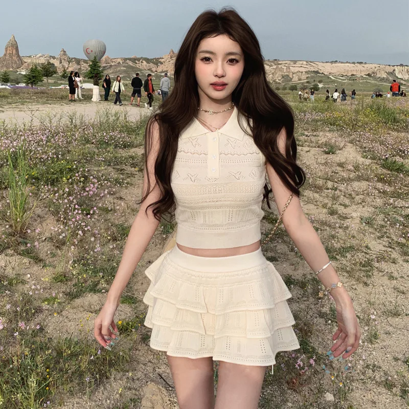 

Summer Fashion Knitted Sweater Two Piece Set Women Sweet Chic Pullover Crop Tops + High Waisted Pleated Skirt 2 Piece Suits