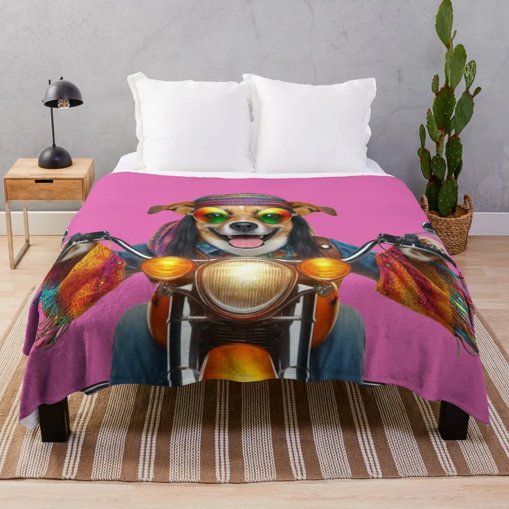 Colorful smiling hippie dog rides a motorbike Throw Blanket Thermal Tourist Summer Beddings Decoratives Blankets