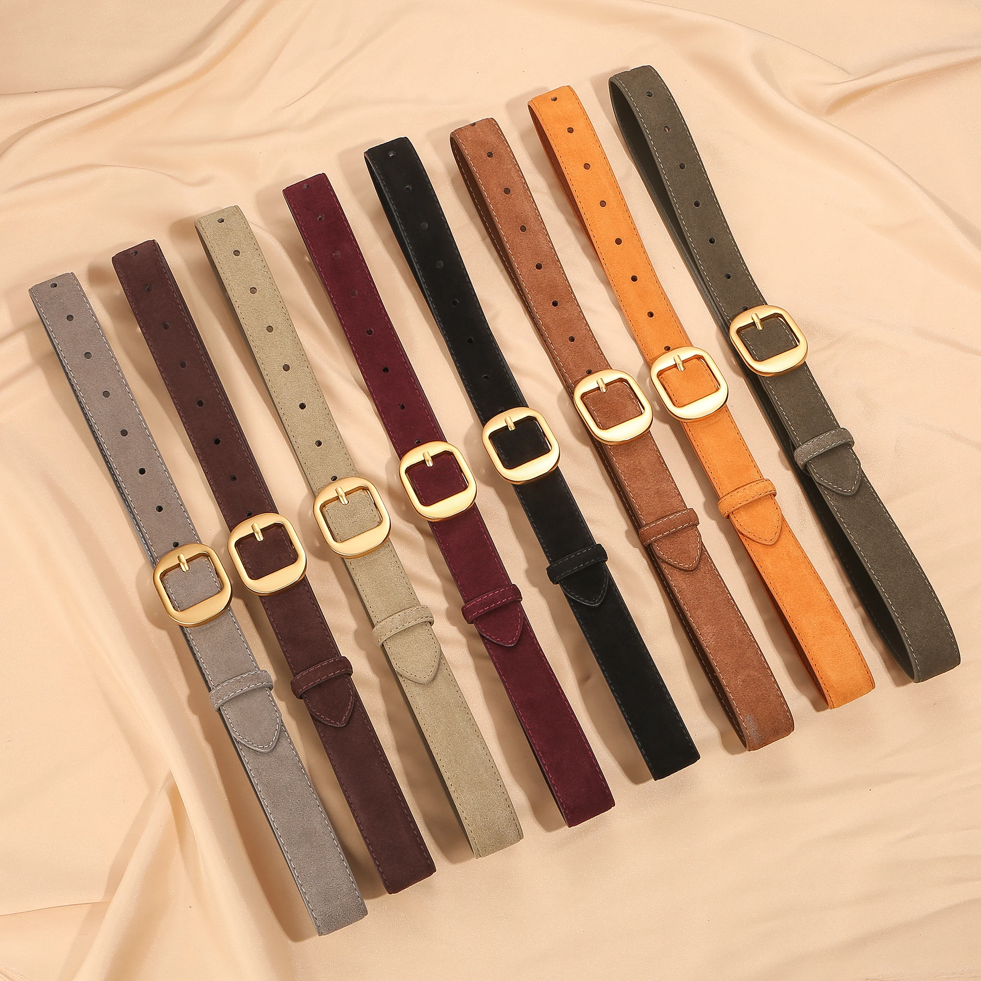 Cinturón de piel de vaca de ante de lujo para mujer, estilo vintage con hebilla dorada, cintura de 2,8 cm de ancho para vestidos y jeans