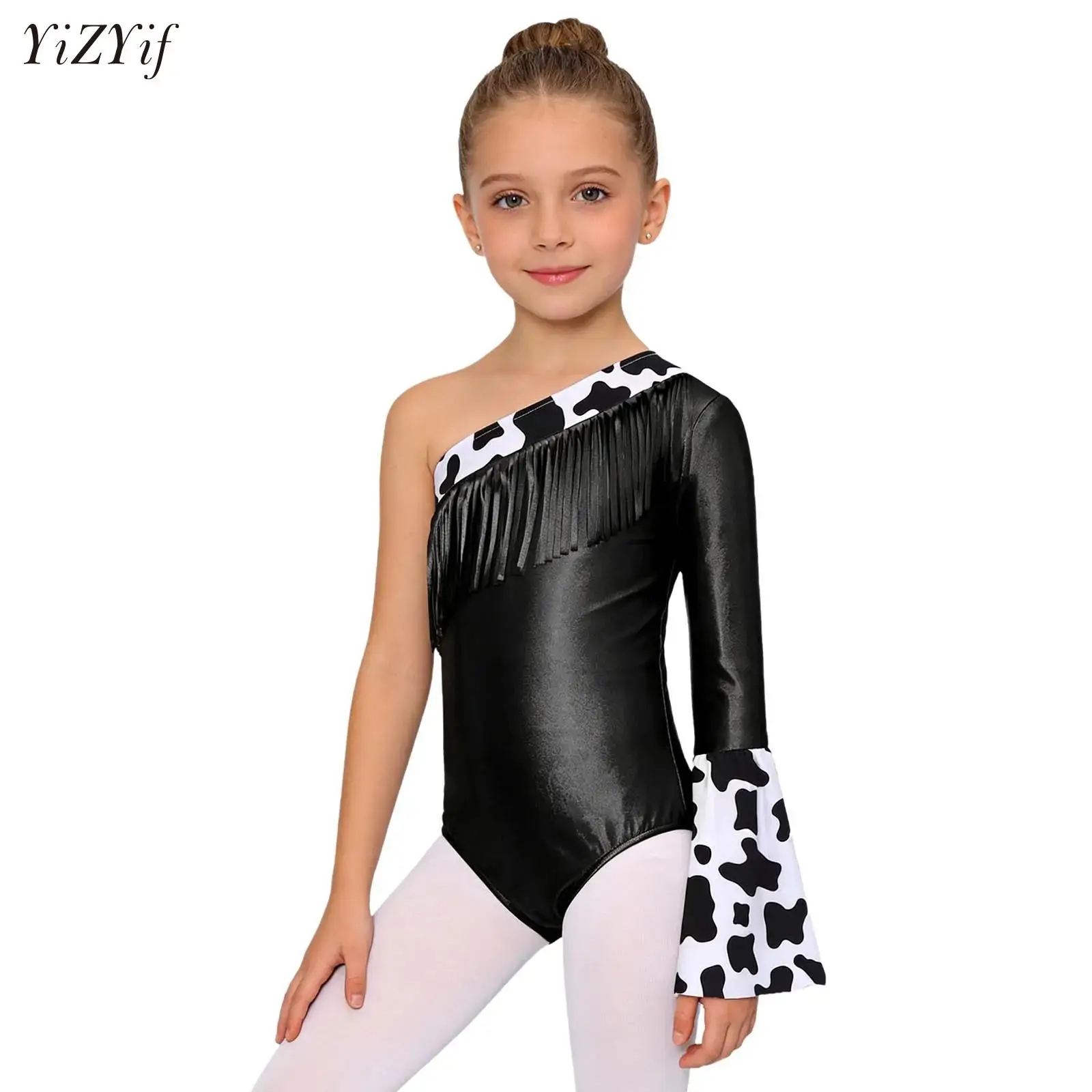 

Girls Halloween Carnival Western Cowgirl Costume One Shoulder Metallic Tassel Cowboy Bodysuit Gymnastics Ballet Dance Leotard