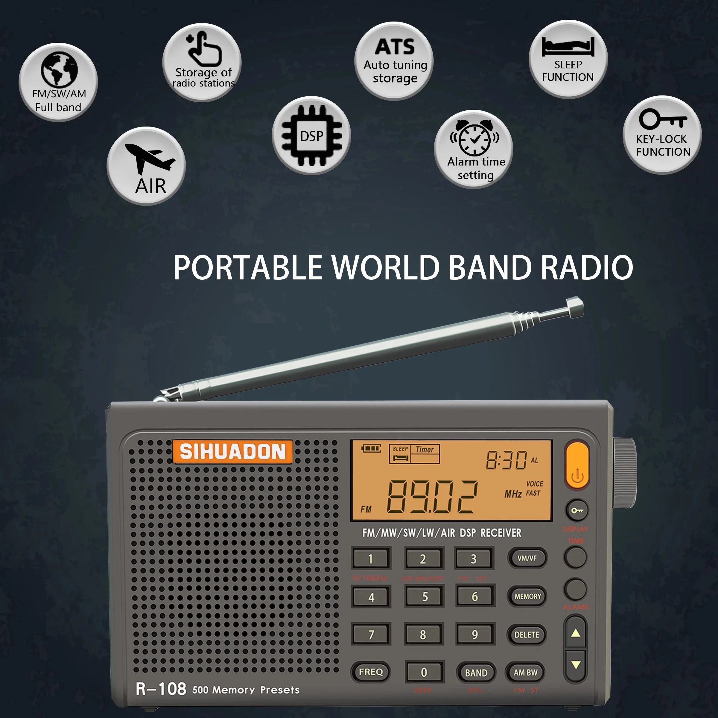 SIHUADON-R108 All-wave Radio, Botão multifuncional, Display LCD, Rádio portátil, Bateria de lítio, Camping, Home Gift