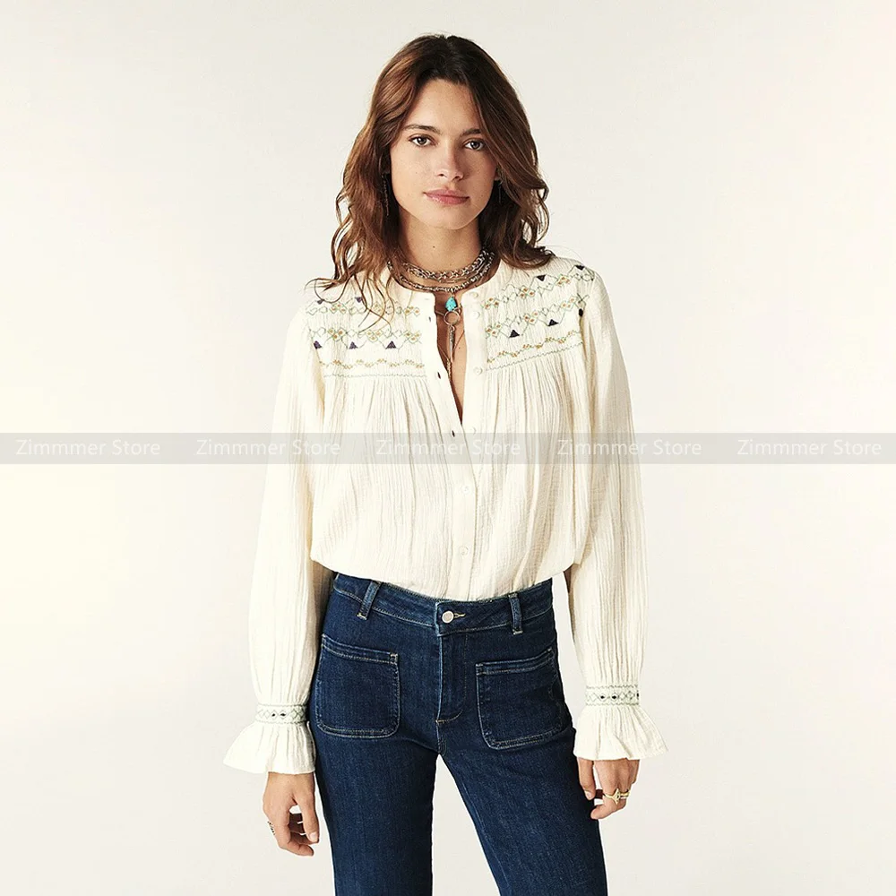 

French niche ethnic pinch pleat embroidery print round neck row of buttons loose long sleeve shirt