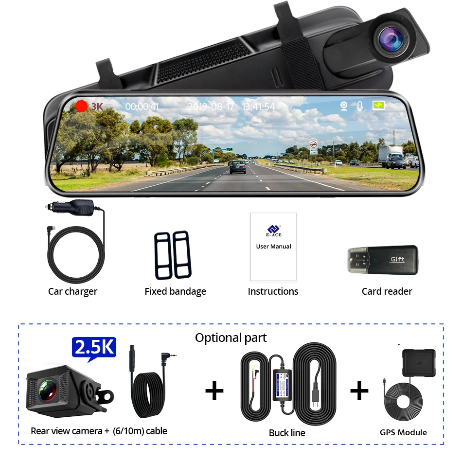 E-ACE 3K + 2.5K DVR مرآة ل 10 "Dash Cam مسجل اختياري كاميرا خلفية للرؤية الليلية Hisllicon رقاقة GPS WIFI 24H شاشة ركن السيارة
