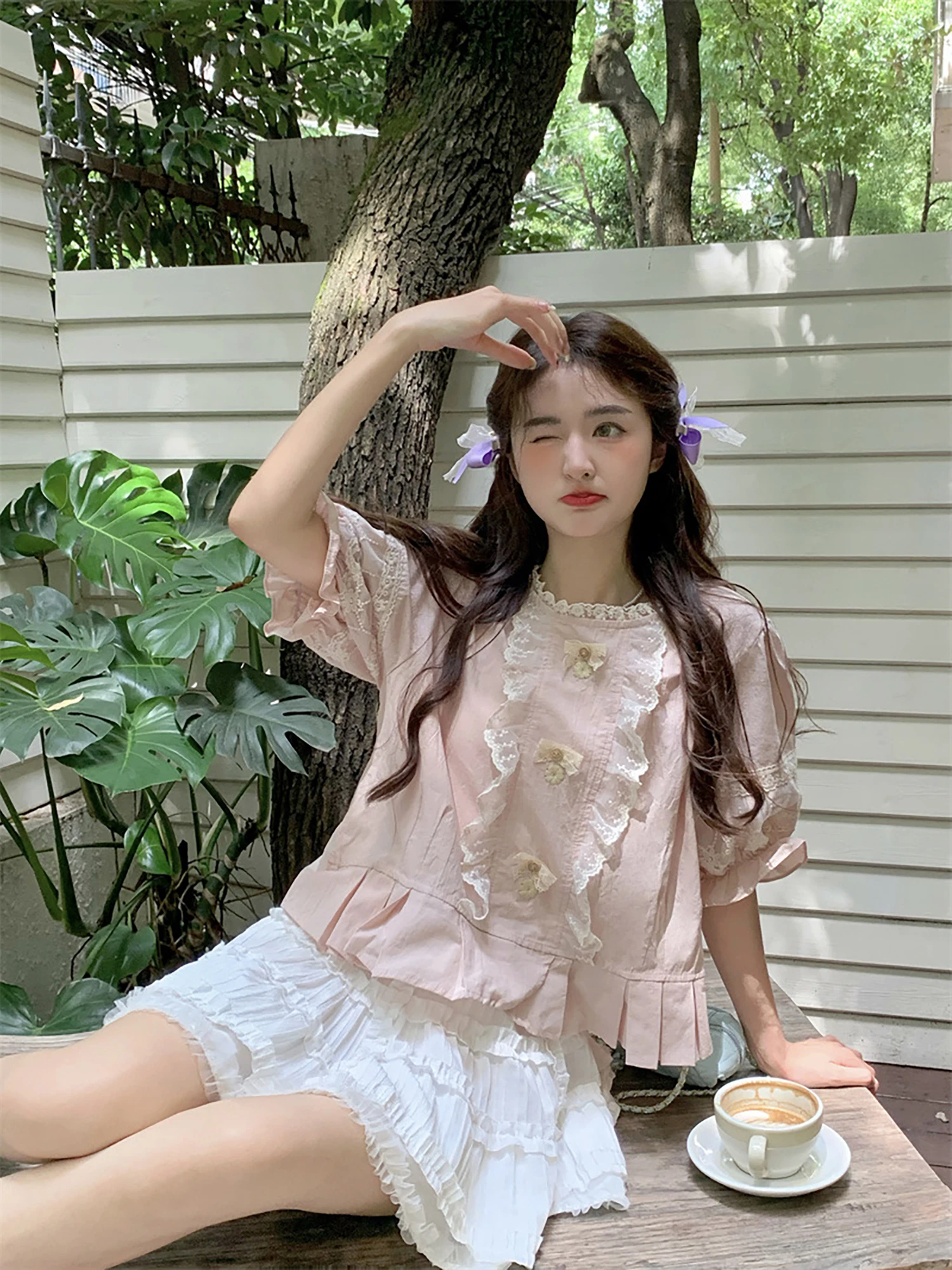 

Adorable Pink Shirt with Lace Trim Bubble Sleeves Women's Princess Style Spring Fashion Cute Girl's Poem Shirt Casual Wear