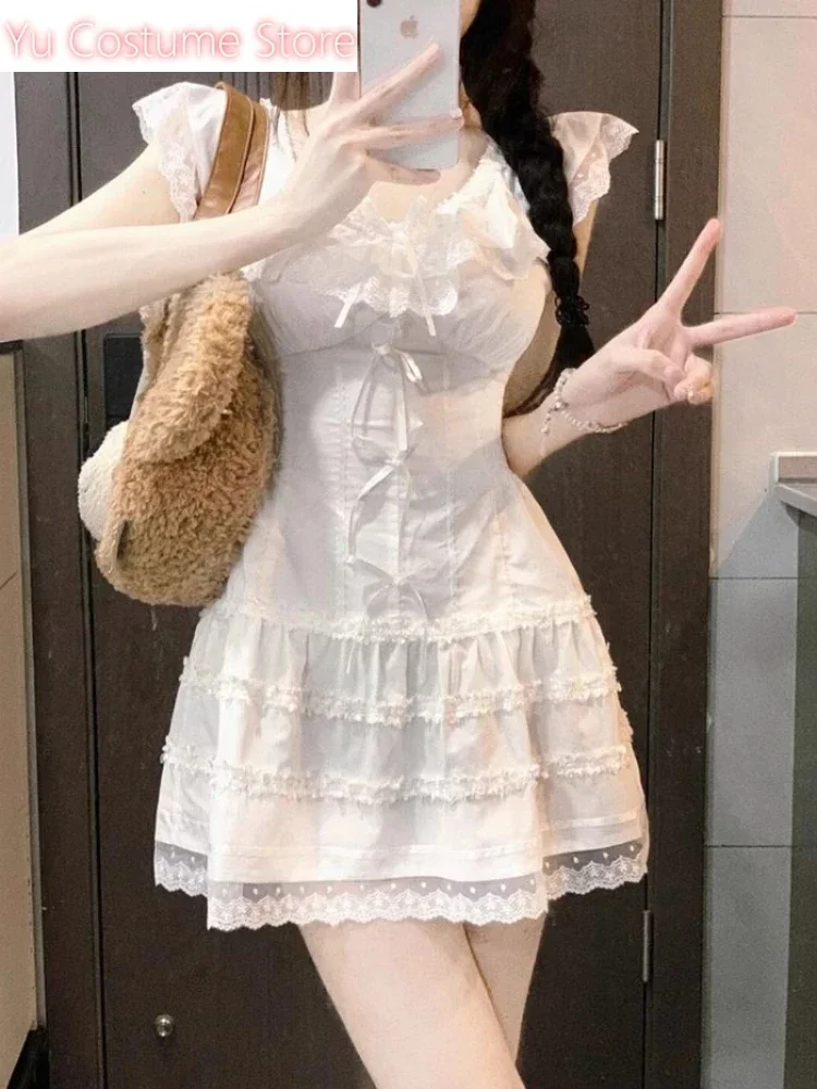 

Japanese Kawaii Princess White Mini DressWomen Cute LaceDesign Summer One-piece Dress Elegant Sweet Bow Evening Party Yu Costume