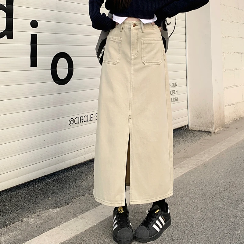 Korean Fashion Khaki Denim Skirts Spring Autumn New High Waist Pocket Design Slit Straight Long Skirt for Women for vivo x100 pro denim texture flip leather phone case khaki