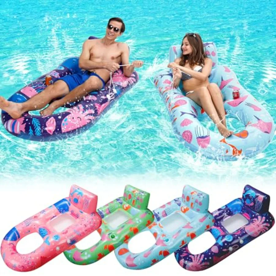 4 Pack Adult Pool Floats: Heavy-Duty Inflatable Lounge Floats with Cup Holder, Backrest Footrest Extra Large Rafts for Beach, L