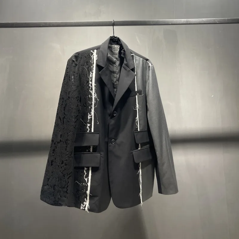 WVGA Spring Autumn New Man Tide Lace Patchwork Trendy Long Sleeve Suit Coat Niche Chic Casual Turn-Down Collar Blazer Ins W15112
