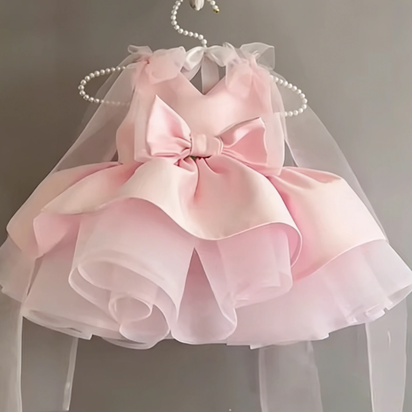 Customized Pink Flower Girl Dress For Wedding Bowknot Sleeveless Satin Knee Length Elegant Kids Birthday First Communion Gown