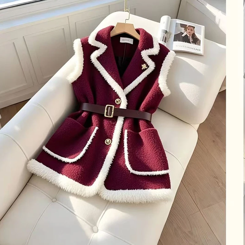 

Рождественская красная верхняя одежда, черные толстые пальто из овечьей шерсти, женская куртка Y2k, офисные женские пиджаки без рукавов, жилет, новый жилет