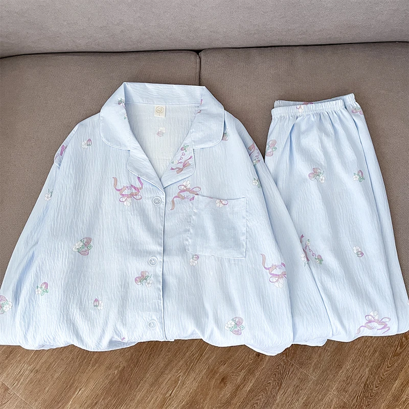 

Korean Bow Tie Flower Print Pajamas Woman Simple Casual Soft Spring New Home Suit for Women Long Sleeve Lapel Neck Nightwear