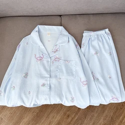Korean Bow Tie Flower Print Pajamas Woman Simple Casual Soft Spring New Home Suit for Women Long Sleeve Lapel Neck Nightwear