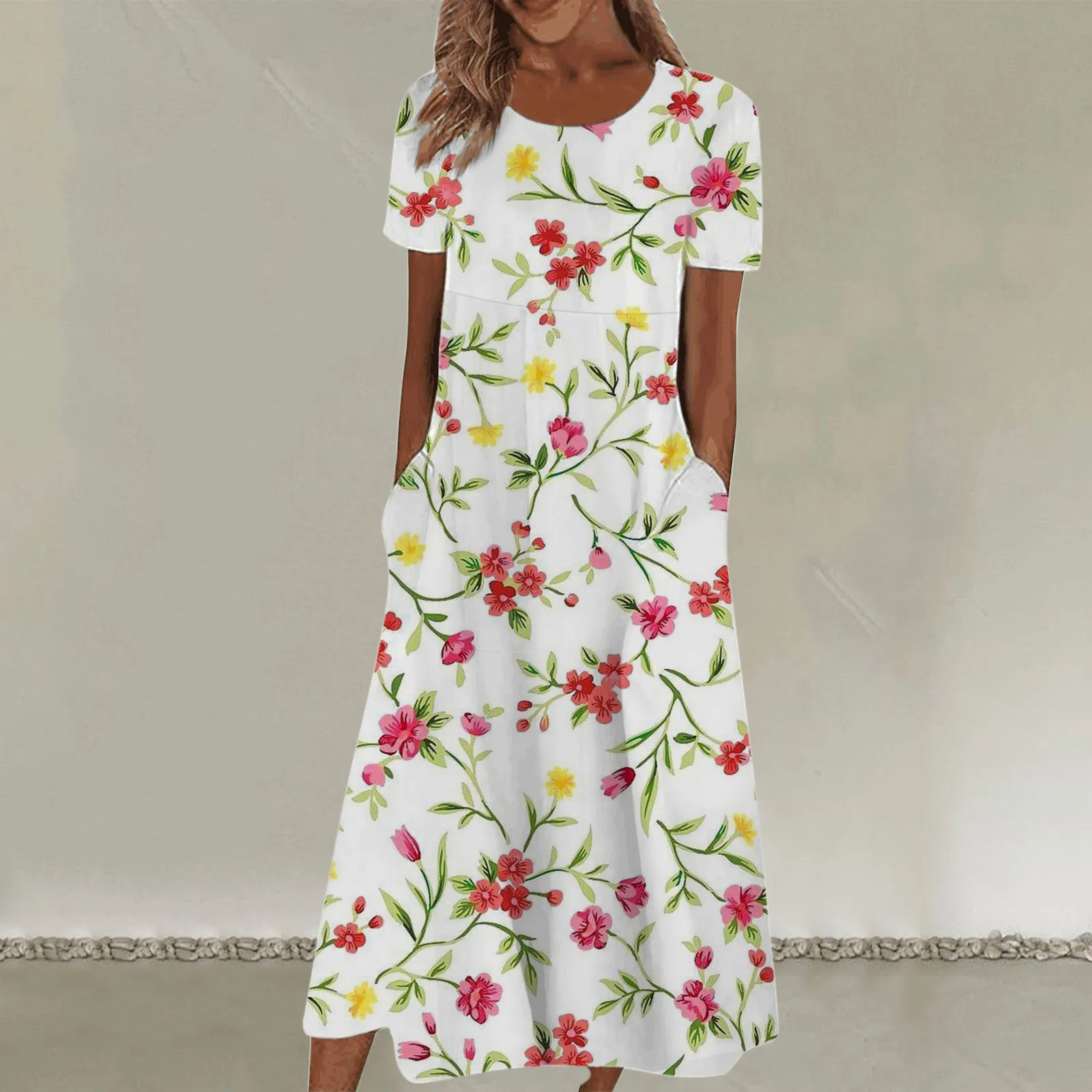 Robe longue décontractée à col rond pour femmes, pull de poche, imprimé floral, vacances, manches courtes, robe maxi de plage, adt Boho