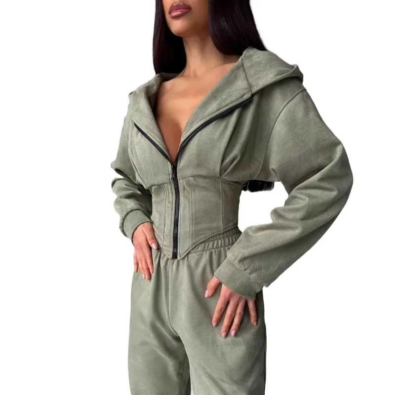 

Европейский осенне-зимний однотонный корсет, толстовка с капюшоном и длинные брюки, комплект из двух предметов, спортивный повседневный комплект с длинными брюками для женщин