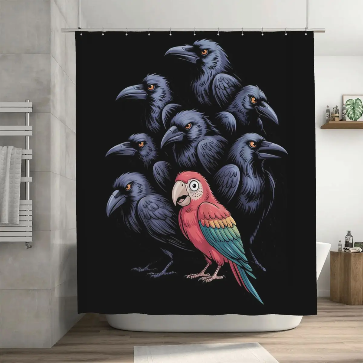 Colorful Parrot Surrounded By Dark Ravens Shower Curtain Bathroom Polyester Waterproof Bath Curtains with Hooks