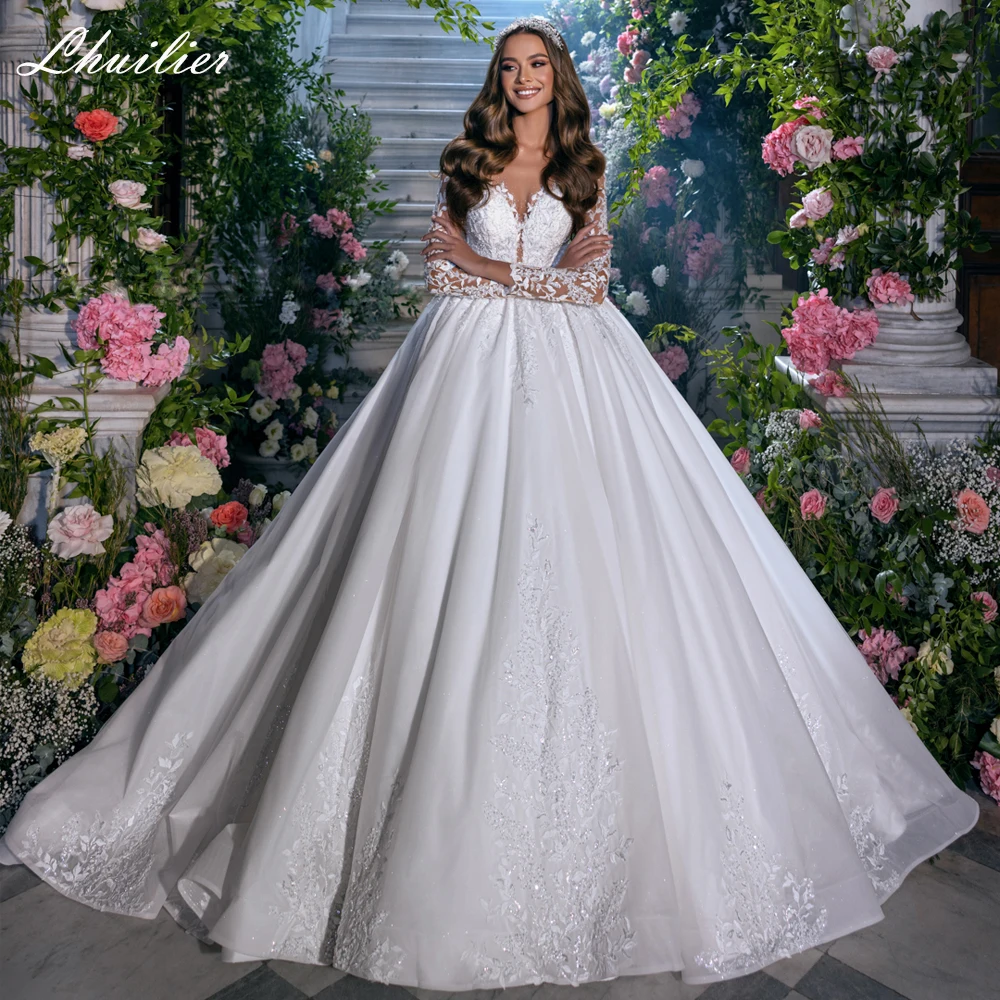 Lhuilier abito da ballo da donna scollo tondo abiti da sposa in pizzo 2023 abito da sposa con perline a maniche lunghe con treno cappella