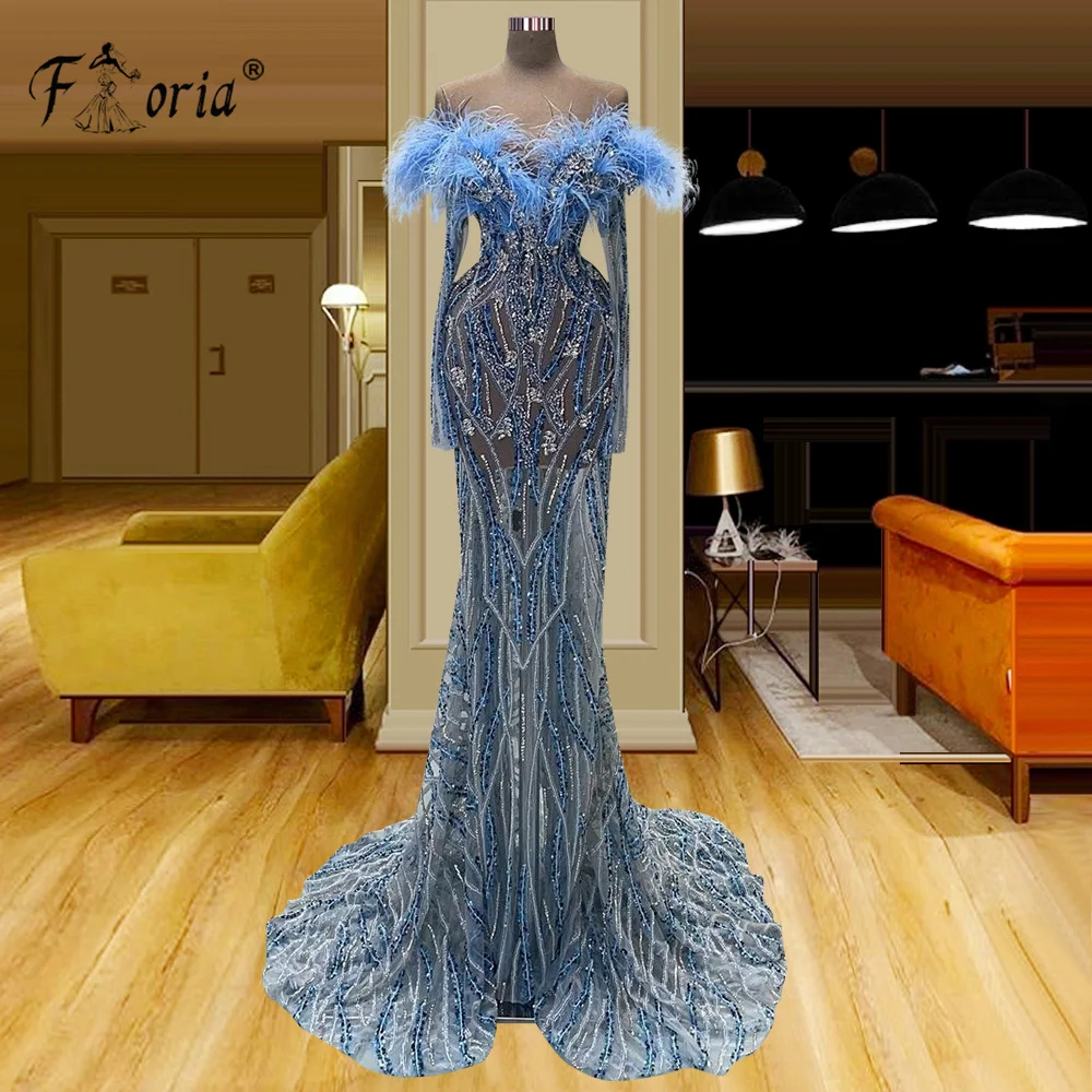 Robe de Soirée de Forme Sirène à Manches sulfBleu, Tenue Éducative de Luxe avec Plumes et Perles, Style Dubaï, ixSpéciale de Célébrité, Quelle que soit la 2023