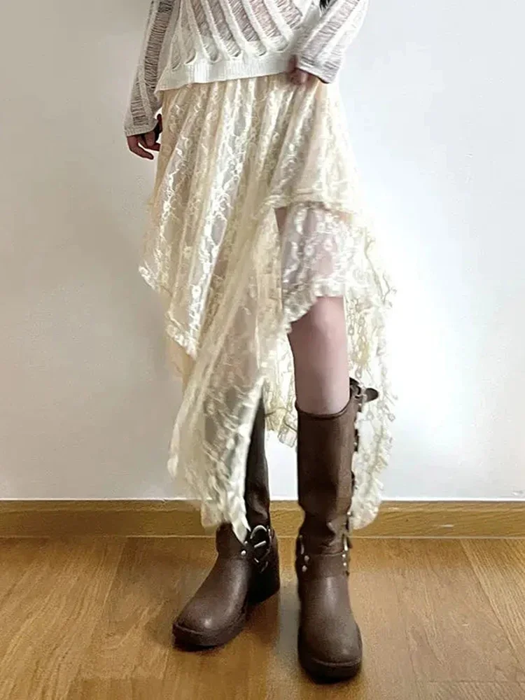 Jupe asymétrique en dentelle Fairycore pour femmes, Vintage Y2K Boho, mode esthétique, taille haute, mi-jupe de vacances en maille, jupe trapèze