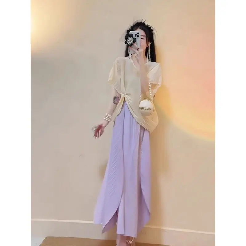 Versatile Patchwork Pleated Skirt Women Loose Long Skirt Elastic High Waist Design Solid Skirts Y2k Clothes Harajuku Trendy New
