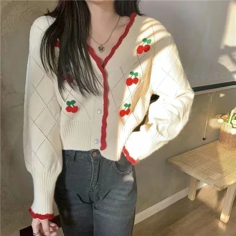 Fashion Cherry Embroidery Cute Cropped Cardigan Fall 20210 Women Clothing Black White Oversized Tops Loose Button Knit Sweater