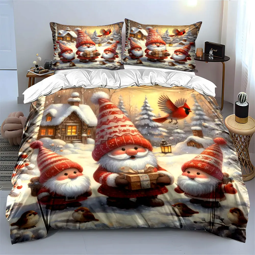 Winter cabin elves birds spend cozy time together in the snow Print Duvet Cover Bedding Set Included 1*Duvet Cover 2Pillowcases