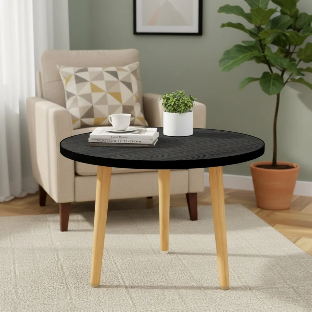 

Round Coffee Table with 3 Solid Wood Legs, Low Floor Desk for Living Room Storage in Black