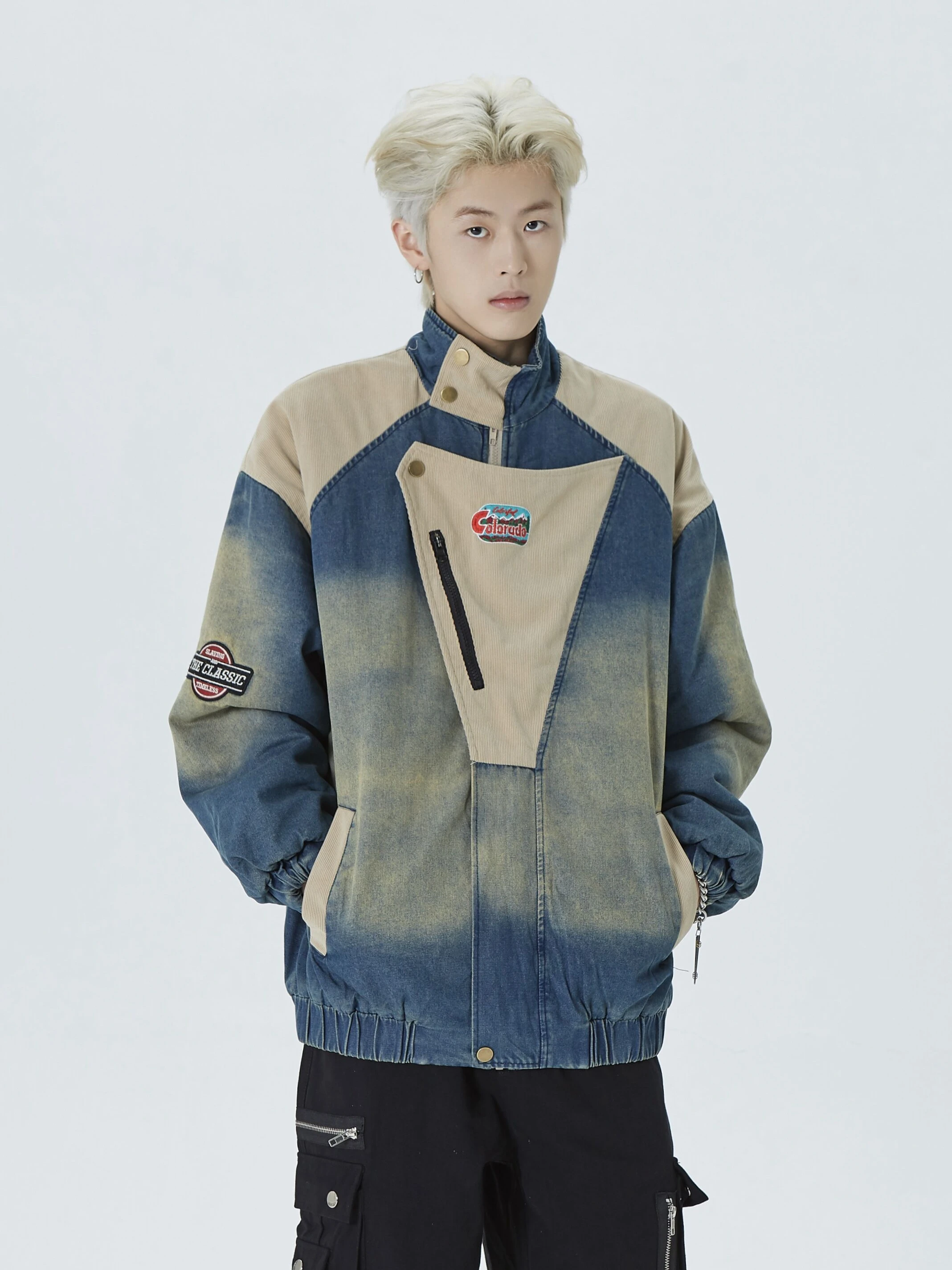 

RJEK American Casual Sle Patchwork Waed Vintage Function Embroidered Denim Cotton Jaet Youth ulari Loose Fit Coat