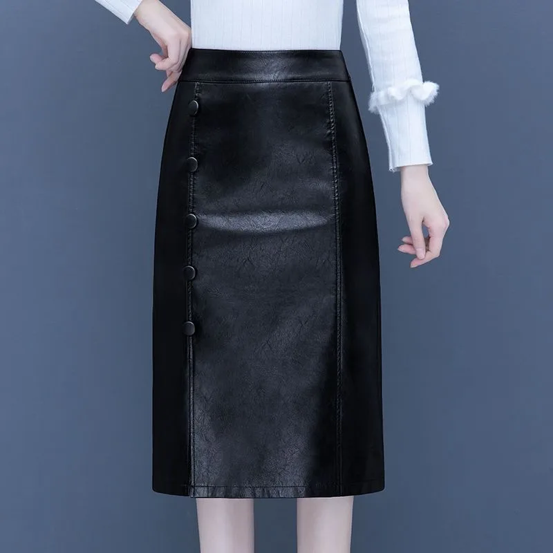 

Leather skirt skirt women's mid-length 2025 autumn and winter new high waist hip skirt PU leather one-step a-line long skirt