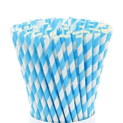 100 Lichtblauw En Wit Gestreepte Papieren Rietjes Biologisch Afbreekbaar Wegwerp Rietjes Voor Baby Shower Feestdecoratie Benodigdheden