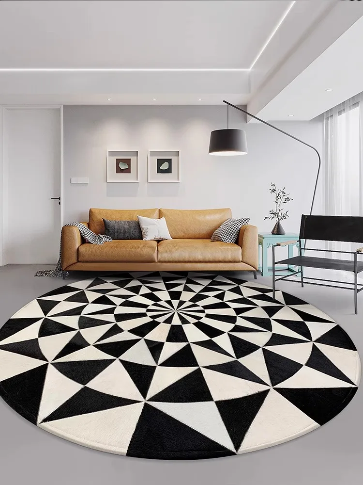 

Real Cowhide Round Carpet 3D Pattern Area Rug for Living Room Black White Bedroom Carpet Kid Room Baby Mat